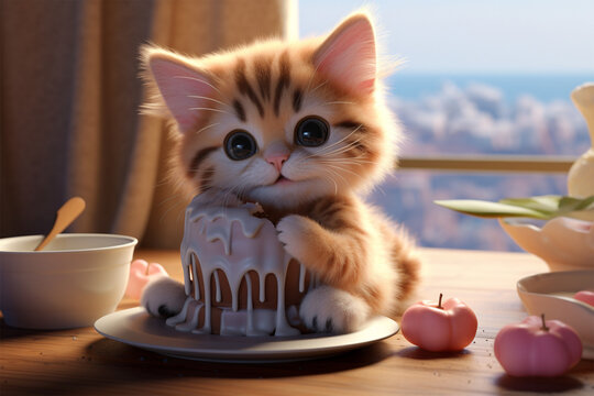 3d character illustration of a cute cat and a cake