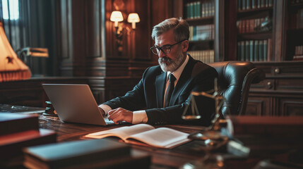 Dedicated Lawyer Working Late in a Classic Law Office - obrazy, fototapety, plakaty