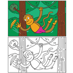 coloring page of happy monkey catching a banana