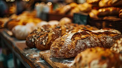 Schilderijen op glas Fresh bread at a farmers market on blurred background © Naturalis