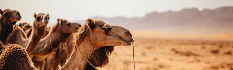 Camels in desert banner