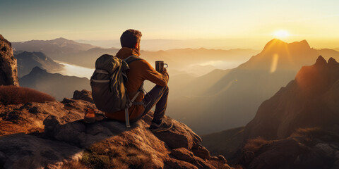 Young man drinking coffee on the top of mountain. - obrazy, fototapety, plakaty