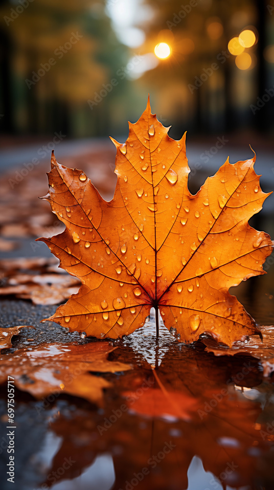 Poster autumn leaves reflecting on the road