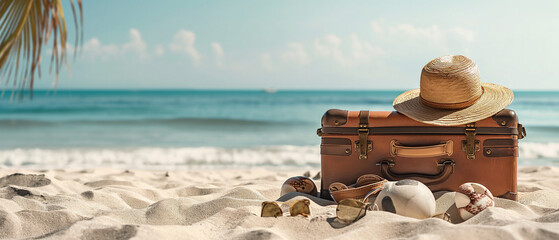 Suitcase and accessories for travel vacation on the sand. - obrazy, fototapety, plakaty