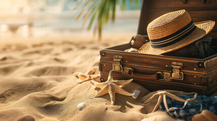 Suitcase and accessories for travel vacation on the sand.