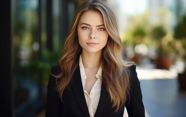 Fototapeta premium Young businesswoman or corporate employee in suit, ready for going to office.