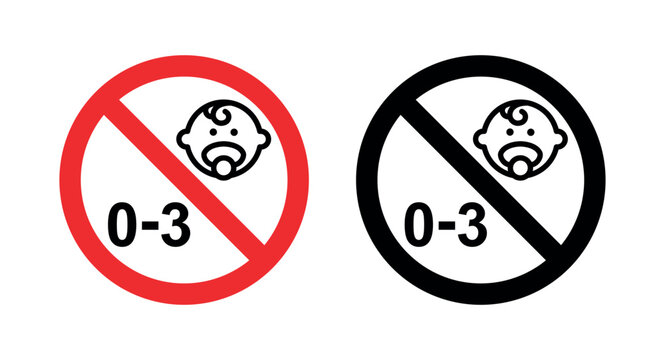 Warning sign, prohibited for children from 0 to 3 years old. Sign for packaging of children's products or toys. Symbol of marketing and sales.
