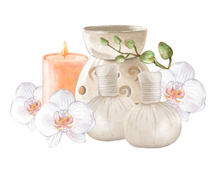 Obraz na płótnie Canvas Ceramic aroma lamp, massage bag, candle and orchid flowers. Concept of aromatherapy, healthy lifestyle, spa treatment. Hand drawn illustration isolated on white background