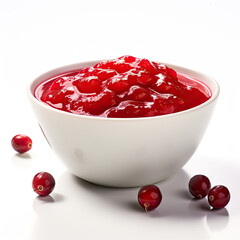 fresh Cranberry fruit jam compote in a white small bowl on a white background created with Generative AI Technology - obrazy, fototapety, plakaty