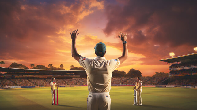 Captain of Cricket team happy for win amidst the backdrop of players and a vibrant cricket field