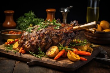 Roast lamb shank with herbs and vegetables.