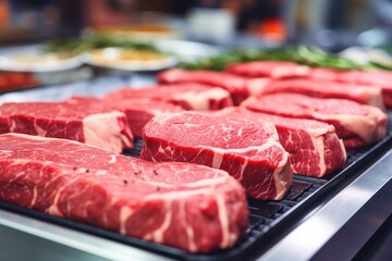 Raw fresh meat for steak perfectly arranged in a shop