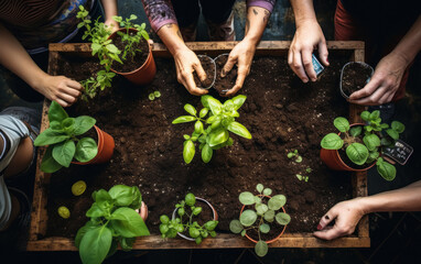 Top view of People hands with planting plant at garden