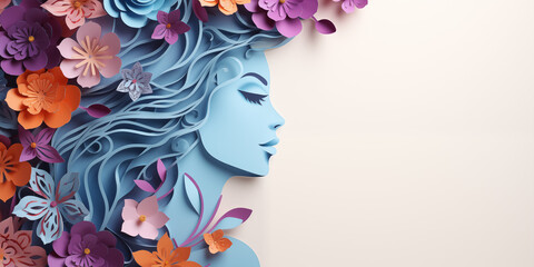 An elegant paper cut-style illustration of a woman's profile adorned with colorful flowers, suitable for International Women's Day.