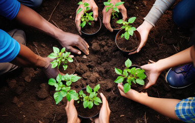Top view of People hands with planting plant at garden