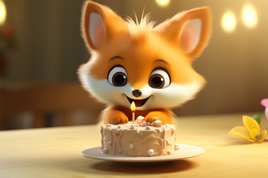 3d character illustration of a cute fox and a cake