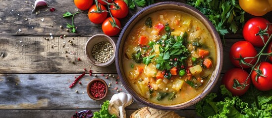 Turkish Ezo Gelin soup, a prominent dish in Turkish cuisine, with vibrant vegetable toppings, seen from above.