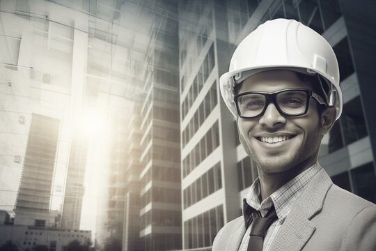 Composite image of smiling architect with hard hat 3d. Generative AI