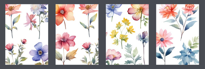 Beautiful flower collection of posters. Wedding invitation card template set with floral and gold watercolor decoration. Autumn wedding frame, pattern card or menu art cover, sage floral poster.