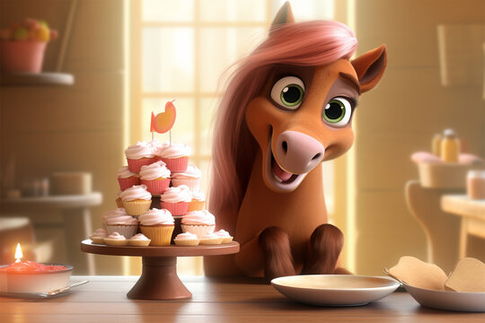 3d character illustration of a cute horse and a cake