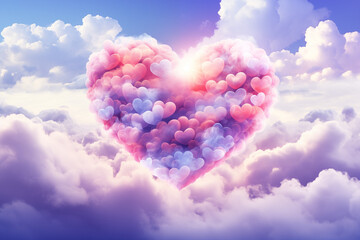 A large heart composed of smaller hearts among pastel-colored clouds, ideal for Valentine's Day or romantic themes.