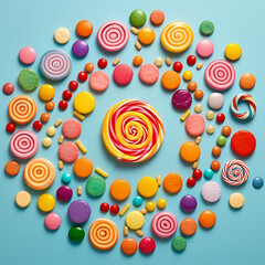 a different variety of candy arranged in a circle on blue background, generative ai