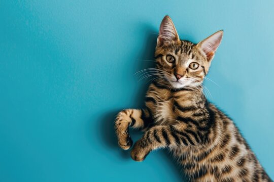 Charming Tabby Cat Lounging Against a Sky Blue Background