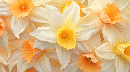 Yellow white Daffodil flowers bloom in a beautiful floral garden field with soft pastel colors