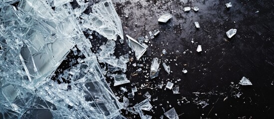 A textured overlay of white sharp shards on the left, on a black surface with shattered glass. - obrazy, fototapety, plakaty