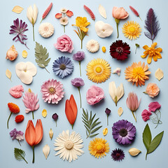 flowers in various forms arranged on blue background, top view,  generative ai