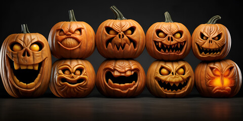 halloween jack o lantern,3d Rendered Jack O Lanterns Evil And Adorable Halloween Pumpkins With Smiling Faces Background,Knolling Pumpkins in a Sinister Display of Eerie Mischief Under the Moonlight,