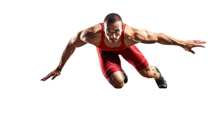 A sprinter leaves the starting block to run. Isolated on PNG file, transparent background.