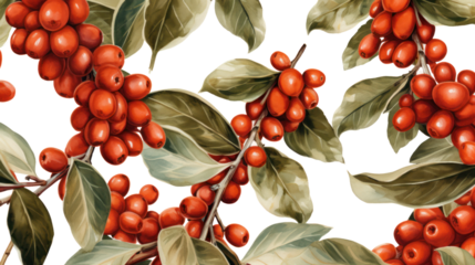 Seamless pattern of coffee branches with red coffee fruits. watercolor wallpaper Isolated on a clear background, PNG file.