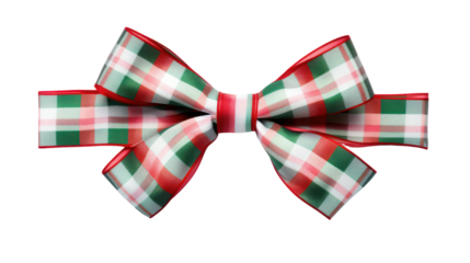 Red, green and white plaid ribbon bow, long edge, isolated on transparent background, PNG file.