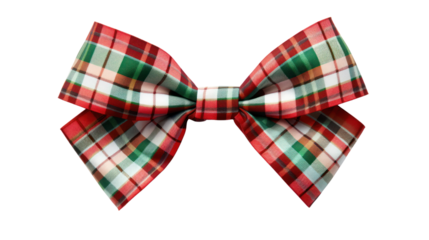 Red, green and white plaid ribbon bow, long edge, isolated on transparent background, PNG file.