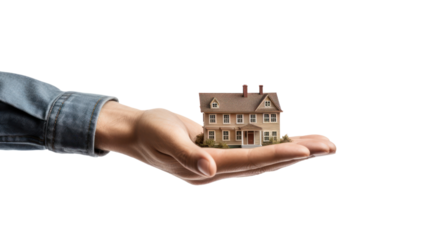 Hand showing man offering new dream house, isolated on transparent background. PNG file.