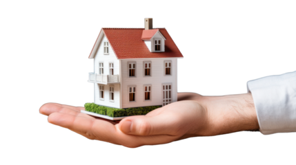 Hand showing man offering new dream house, isolated on transparent background. PNG file.