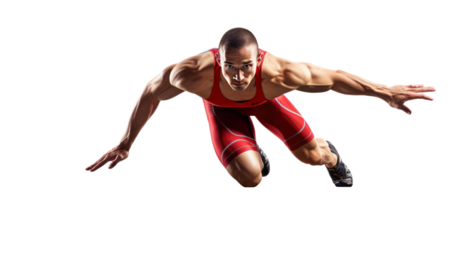 A sprinter leaves the starting block to run. Isolated on PNG file, transparent background.