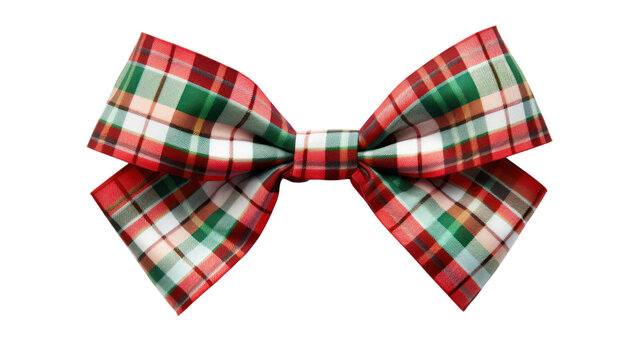 Red, green and white plaid ribbon bow, long edge, isolated on transparent background, PNG file.