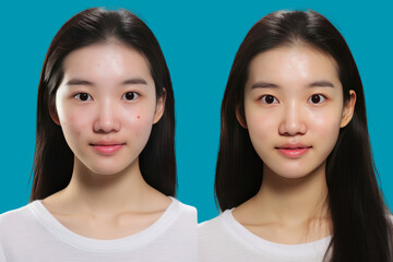 Teenage Asian girl before and after acne treatment isolated on transparent background. PNG file.