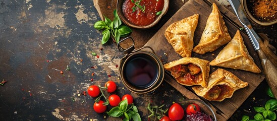 Samosa with sauce and tomatoes, seen from above in a rustic style. - obrazy, fototapety, plakaty