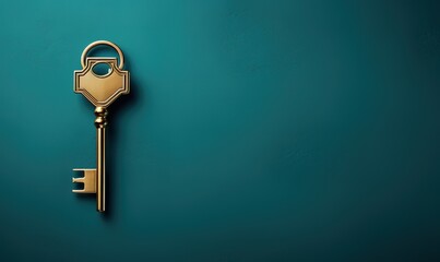 gold key on green background with empty space for your text. generative AI - obrazy, fototapety, plakaty