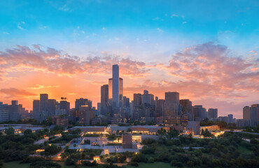 city skyline at sunset