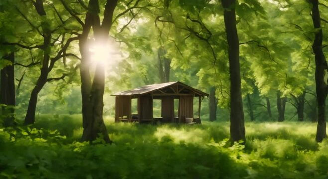 hut in the middle of a natural green forest