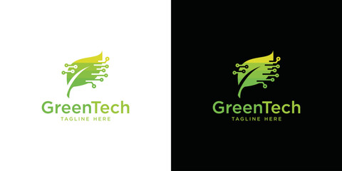 Green Technology Logo. Technology Concept Vector Design With Combination Of Green Leaves And Technology Network Icons, Fast Leaf technology logo