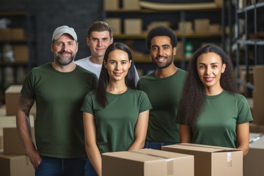 A group of volunteers with donation boxes of humanitarian aid in a warehouse. 