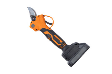Red garden battery powered pruning shears, secateurs, pruner isolated on a white background....