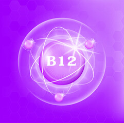 Vitamin B12 icon structure purple substance of butterfly pea. Medicine health symbol of thiamine. Drug business concept. Vector Illustration. 3D. Complex with chemical formula. Personal care, beauty.	
