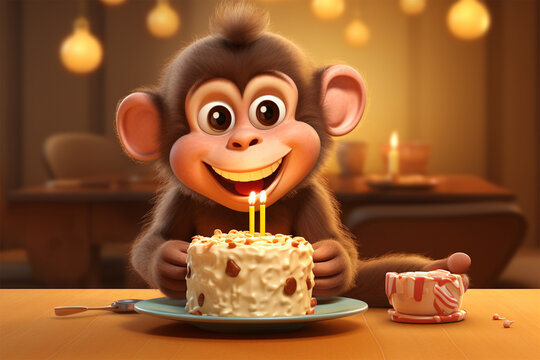 3d character illustration of a cute monkey and a cake
