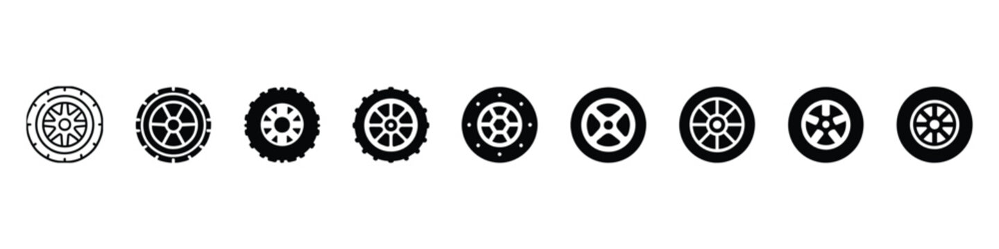 Tire and wheel icon, Tire icon, car wheel vector icon, vector black Tyre symbols, tire icon, Wheel disks icons
